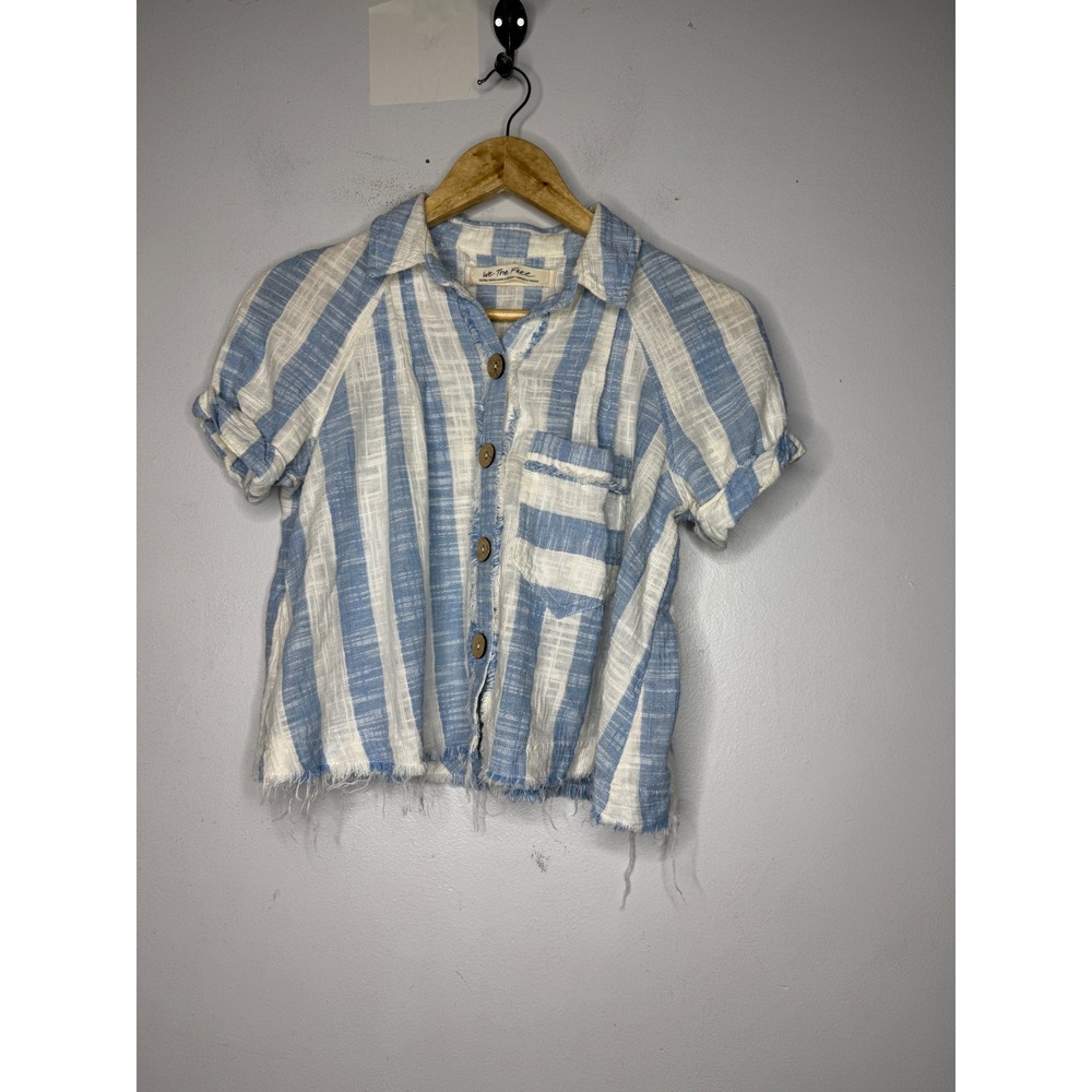 Free People We The Free Blue White Striped Linen Blend Button Down Shirt Cropped